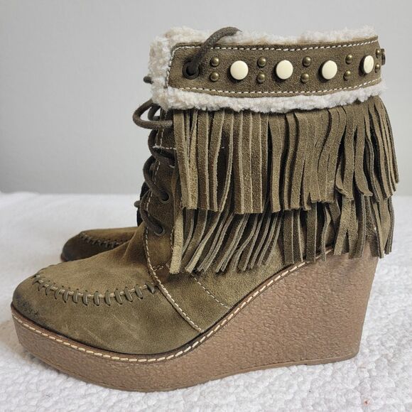Sam Edelman Sz 10 Boho Retro Green Suede Fringe Stud Sherpa Cottagecore Booties - Picture 3 of 11